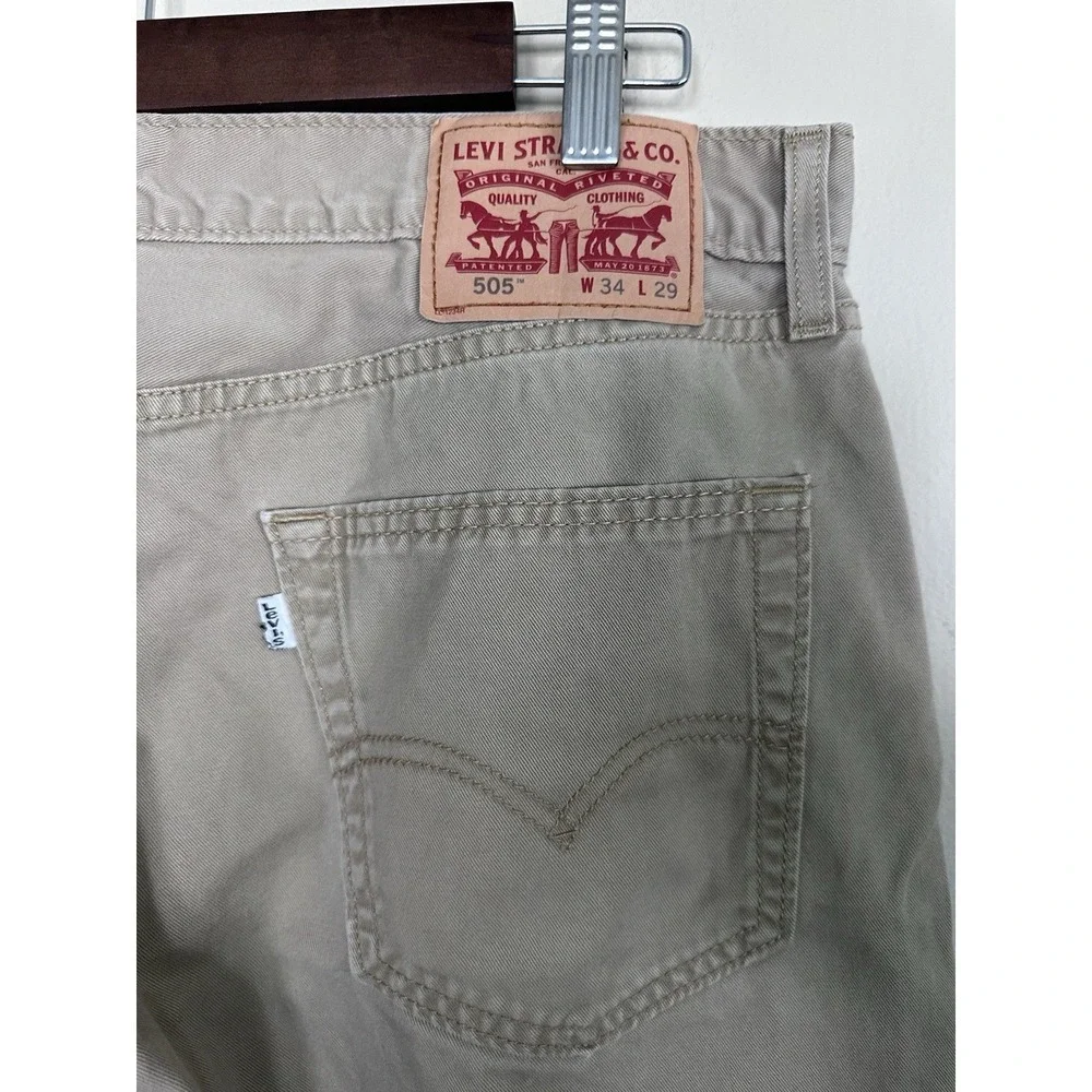 Levis Mens 505 Jeans Size 34x29 Khaki Straight Casual Denim Stretch Classic Tan